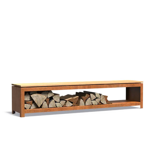 Log Storage Bench in Coated Steel or Corten Steel, Contemporary Garden Furniture, Outdoor Log Store