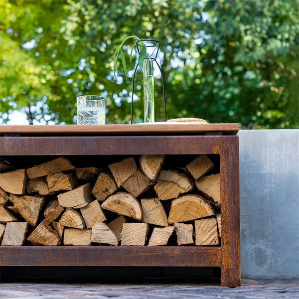 Log Storage Bench in Coated Steel or Corten Steel, Contemporary Garden Furniture, Outdoor Log Store