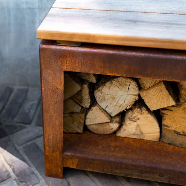 Log Storage Bench in Coated Steel or Corten Steel, Contemporary Garden Furniture, Outdoor Log Store