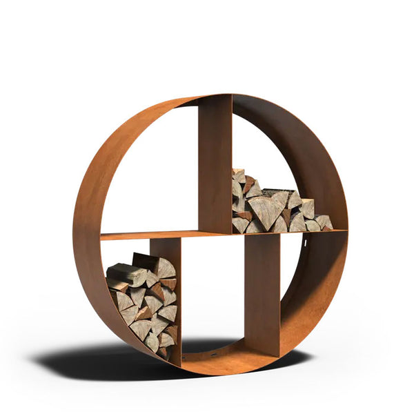 Wall Mounted, or Free Standing Round Log Storage in Corten Steel Round, Contemporary Garden Storage, Outdoor Log Store
