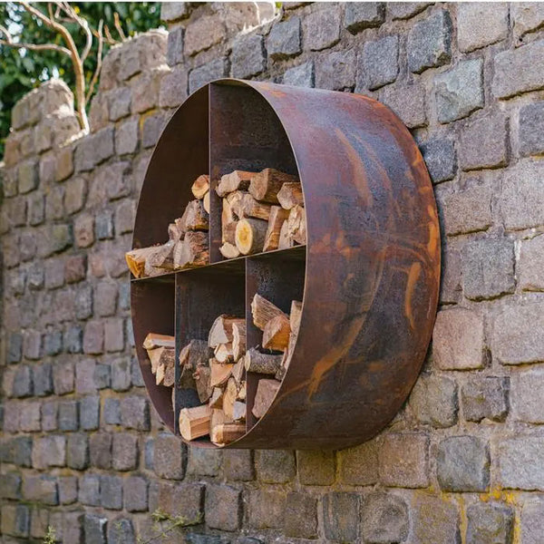 Wall Mounted, or Free Standing Round Log Storage in Corten Steel Round, Contemporary Garden Storage, Outdoor Log Store